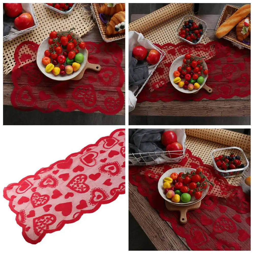 Valentines Day Heart Shaped Table Runner Romantic European Red Lace Table Runner American Rectangular Dining Table Mat Vue