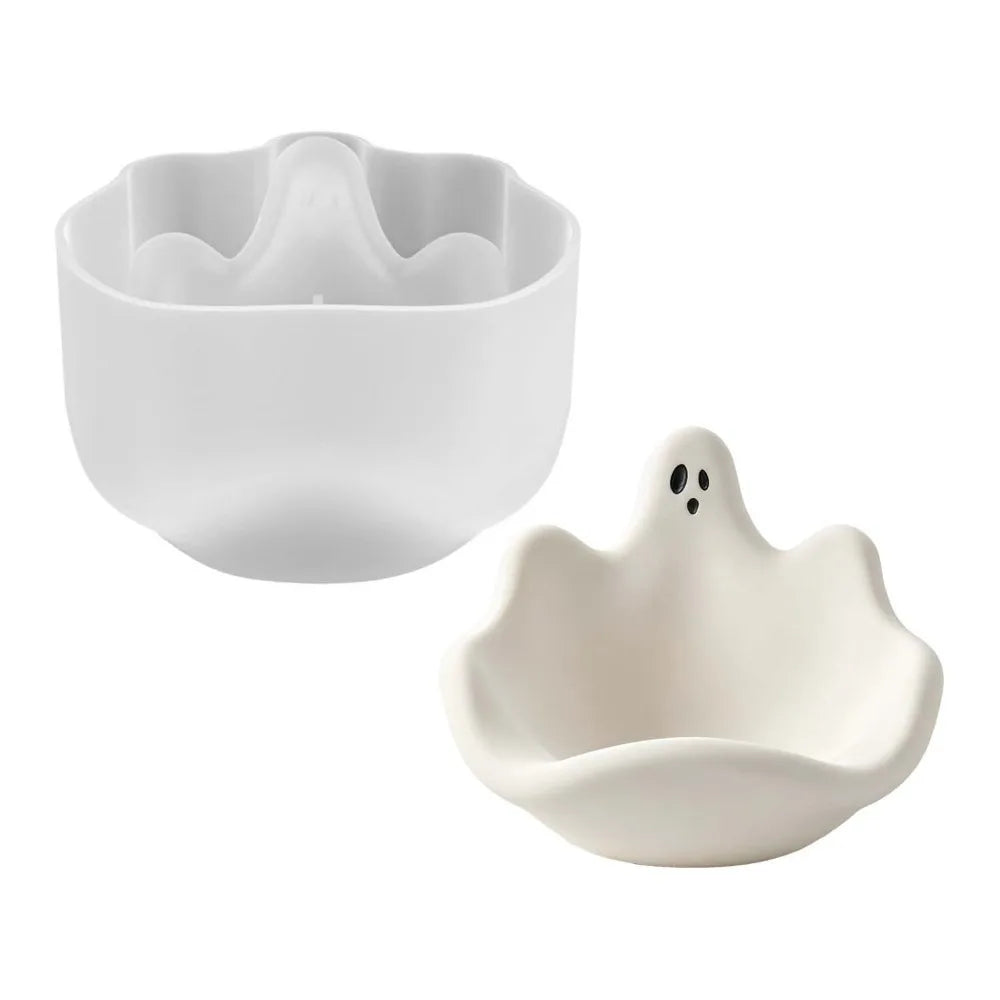 Halloween Theme Ghost Storage Bowl Mold Soft Silicone DIY Handmade Jewelry Storage Tray Mold Non-Stick Gypsum Ornament Mold Vue White