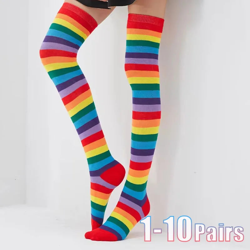 1-10Pairs Multicolor Stripe Over Knee Socks for Women Halloween Party Cosplay Performance Thigh High Long Leg Stockings Stretchy Vue