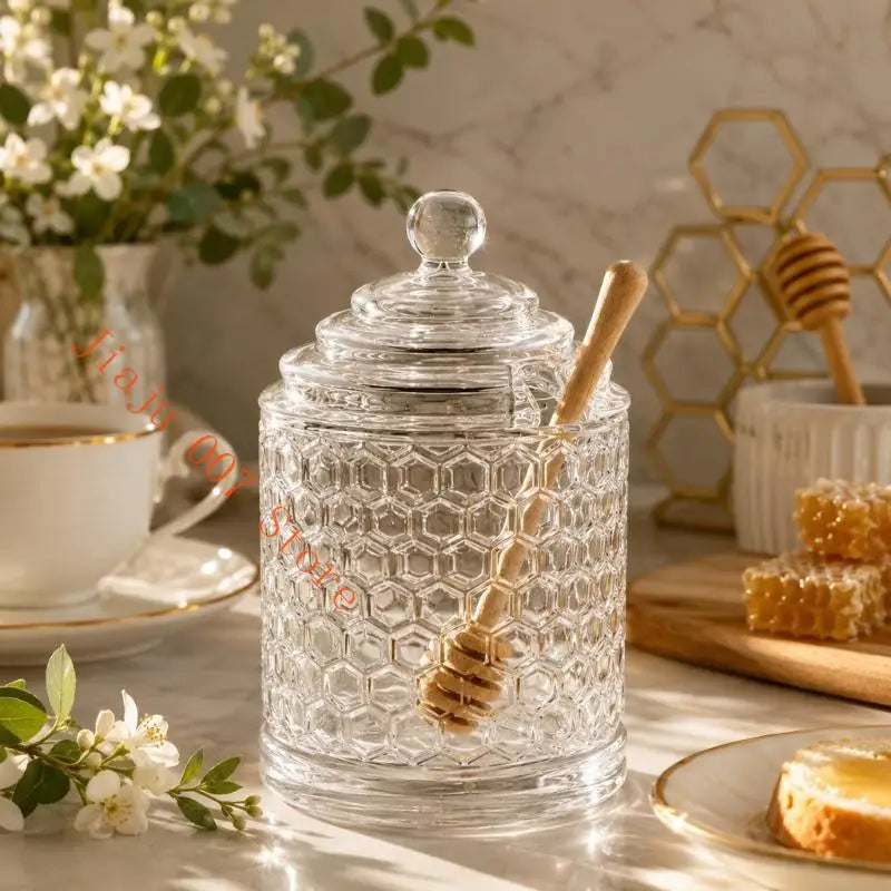 Lidded Glass Syrup Jar with Dipper Rest & Honeycomb Texture Glass Condiment Jar Vue