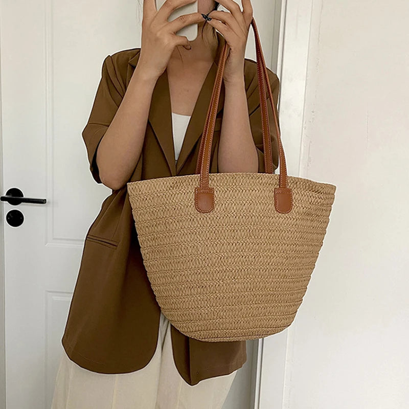 Women Braided Basket Clutches Top-handle Bag Large Straw Portable