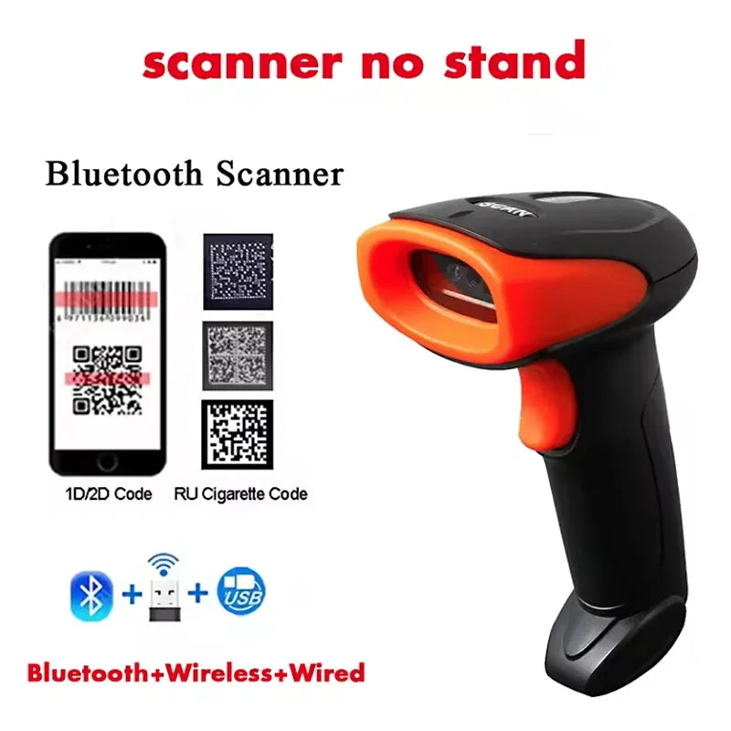 2D Handhel Barcode Scanner with Holder Portable 2.4G Wireless Bluetooth 1D 2D QR Code Reader Wired Bar Code Scanner with Stand Vue scanner no stand