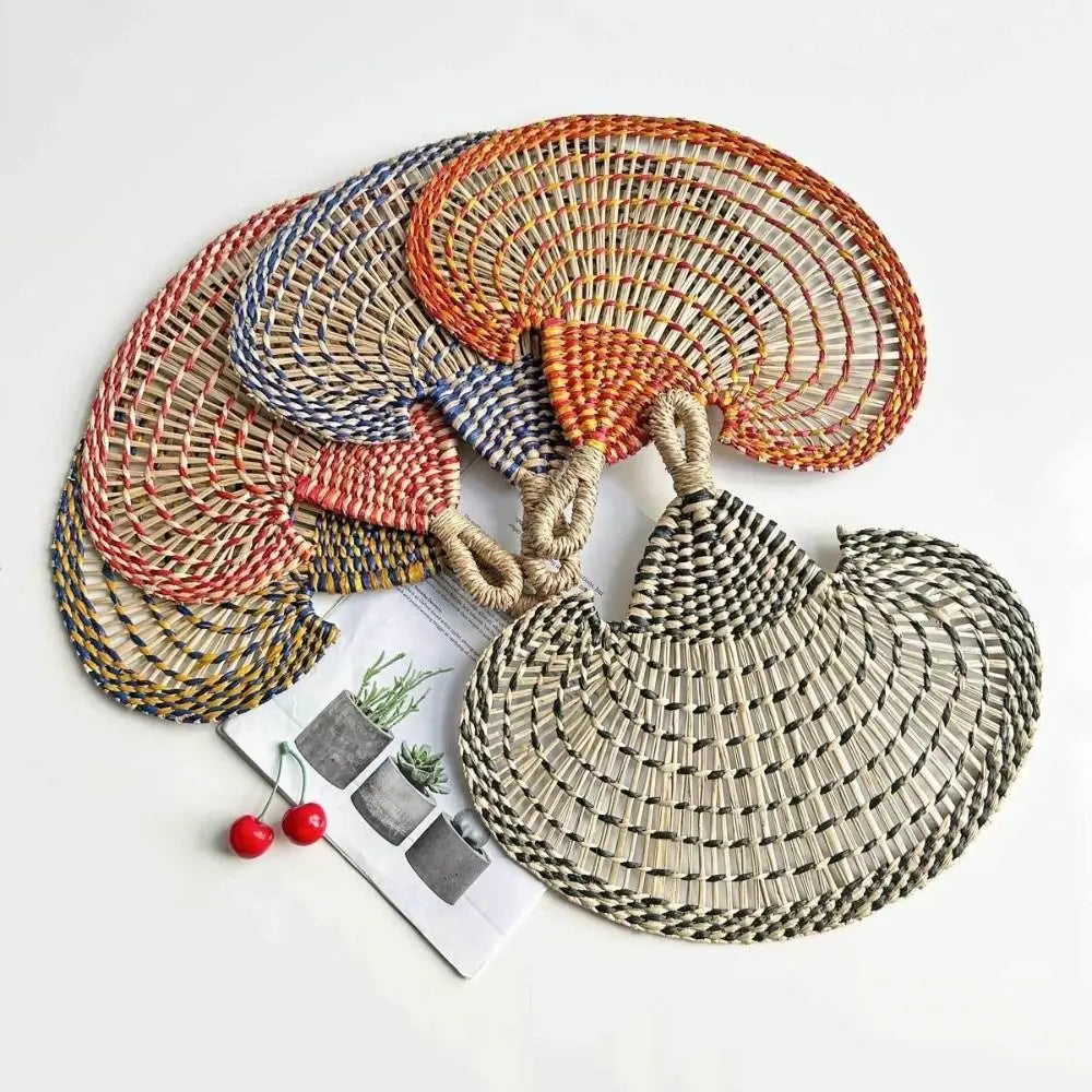 Colorful Hand-woven Straw Fan Bohemian Anti-Mosquito Hand Braided Fan Lightweight Large Cattail Fan Home Decoration Vue