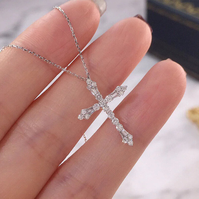 Huitan Silver Crystal Cubic Zirconia Cross Pendant Necklace Cross Pendant Necklace Vue XL994 45cm