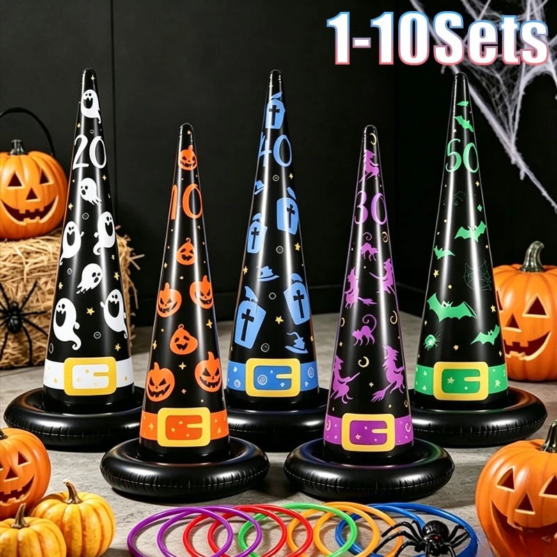 1-10Sets Halloween Inflatable Cone Toss Ring Game PVC Witch Hat Target for Carnival Party Adults Outdoor Interactive Fun Vue