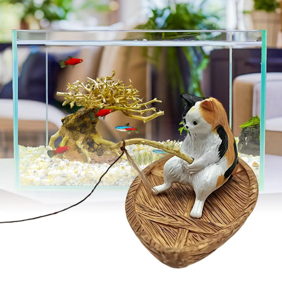 Cute Kitten Fishing Ornament Fish Tank Aquarium Decor for Garden Pond Home Office Landscaping Outdoor Aquatic River Vue