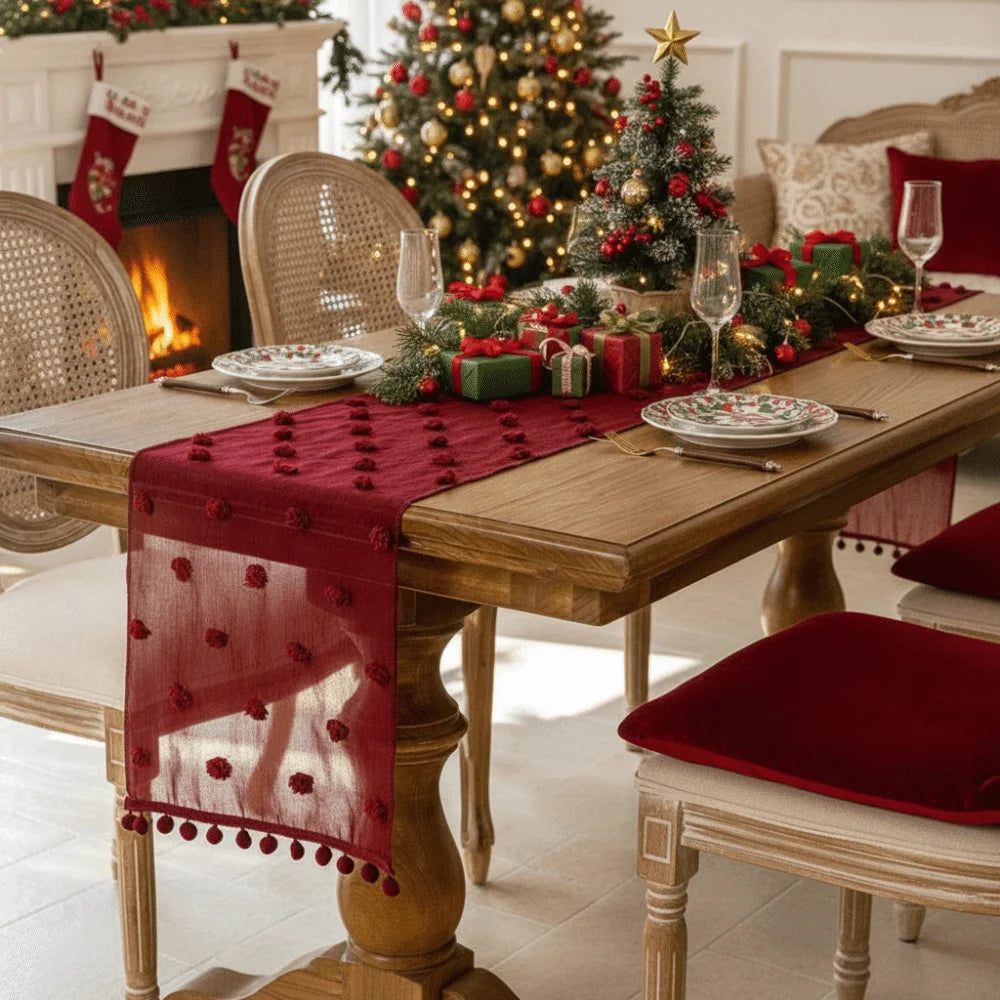 INS Style Nordic Style Lace Table Runner Gauze Rectangular Table Linen French-style with 3D Pom-poms Bookcase Cover Party Vue