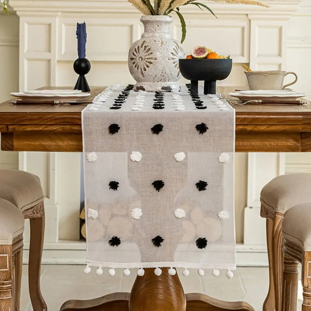 INS Style Nordic Style Lace Table Runner Gauze Rectangular Table Linen French-style with 3D Pom-poms Bookcase Cover Party Vue