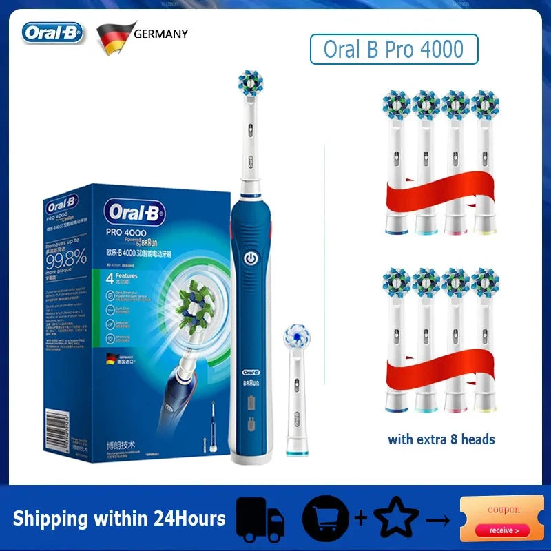 Oral B Electric Sonic Toothbrushes 2D/3D Rotation Teeth Daily Whitening Gum Care Pressure Sensor Rechargeable Waterproof Vue P4000 Blue 8H