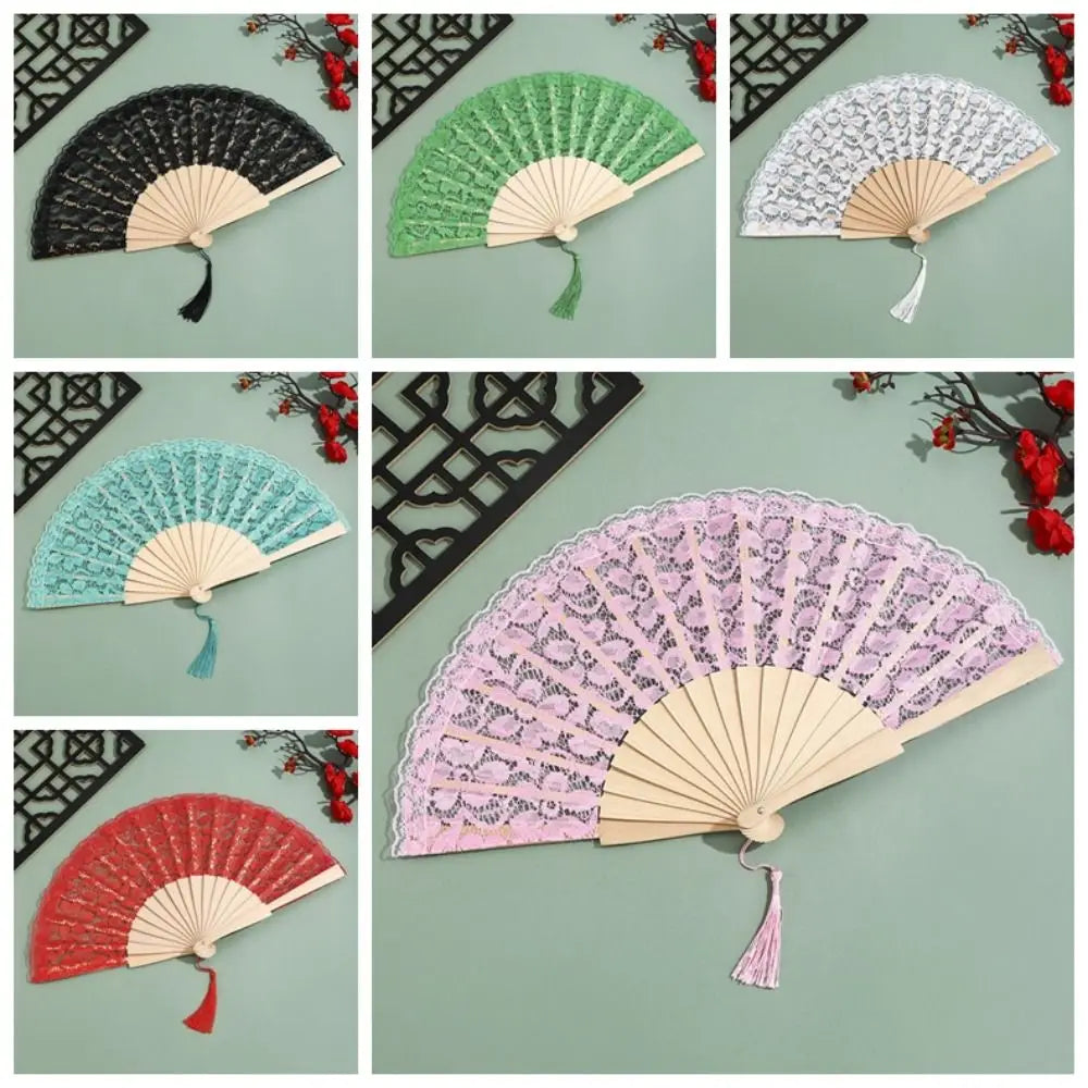 Elegant Lace Pattern Chinese Fan Flower Design Tassel Pendent Folding