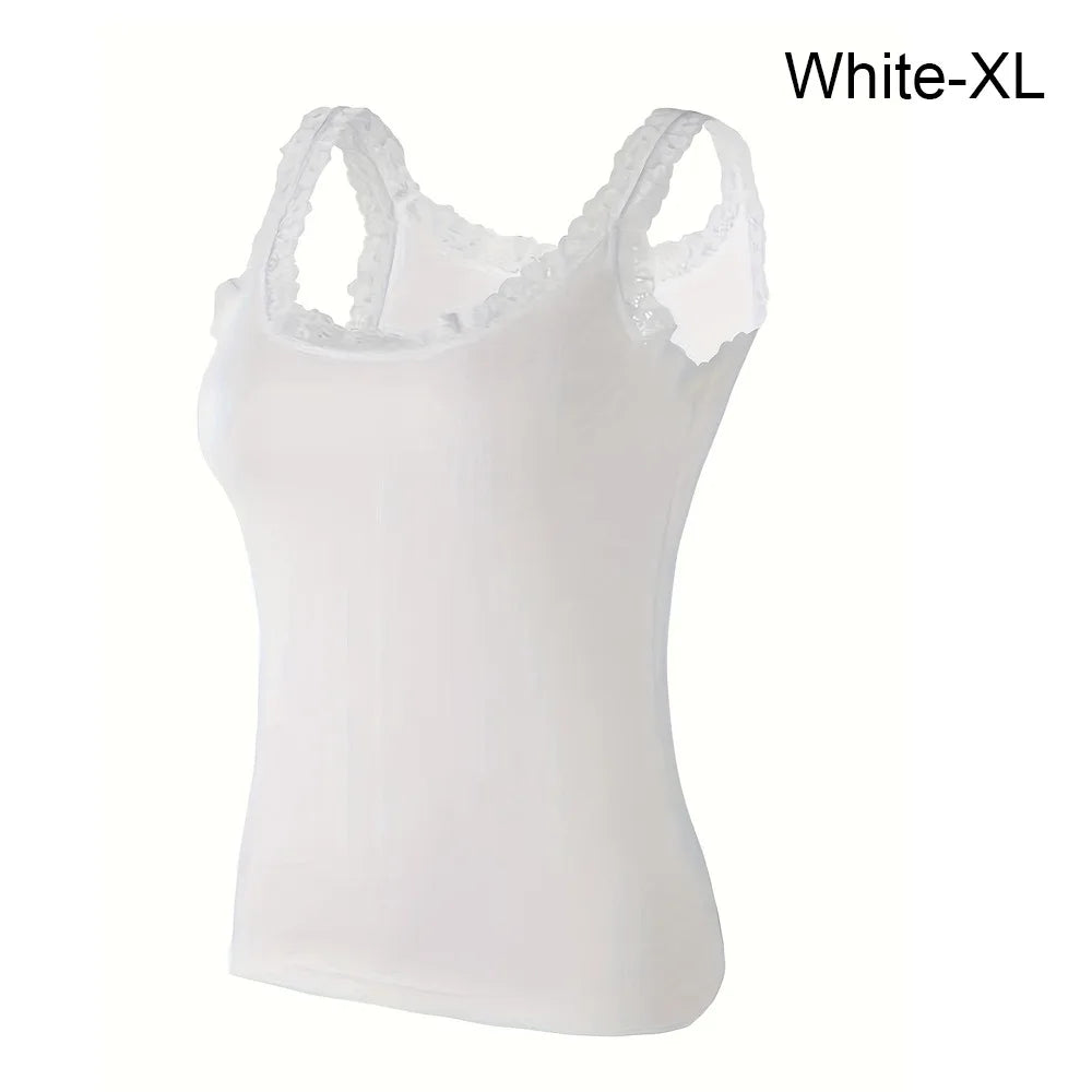 Casual U Neck Summer Tank Tops Sleeveless Lace Cami Shirt Underwear Vue White-XL One Size