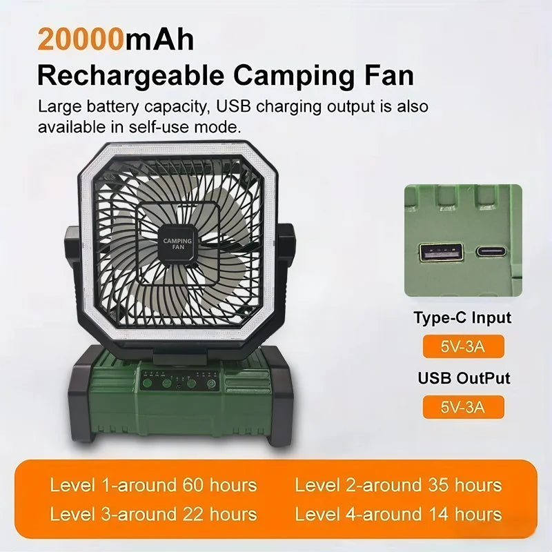 Portable Camping Fan 3-in-1 20000mAh Rechargeable Battery Powered Fan with Light Remote & Hook for Outdoor Travel Camping Tent Vue Green-Bluetooth