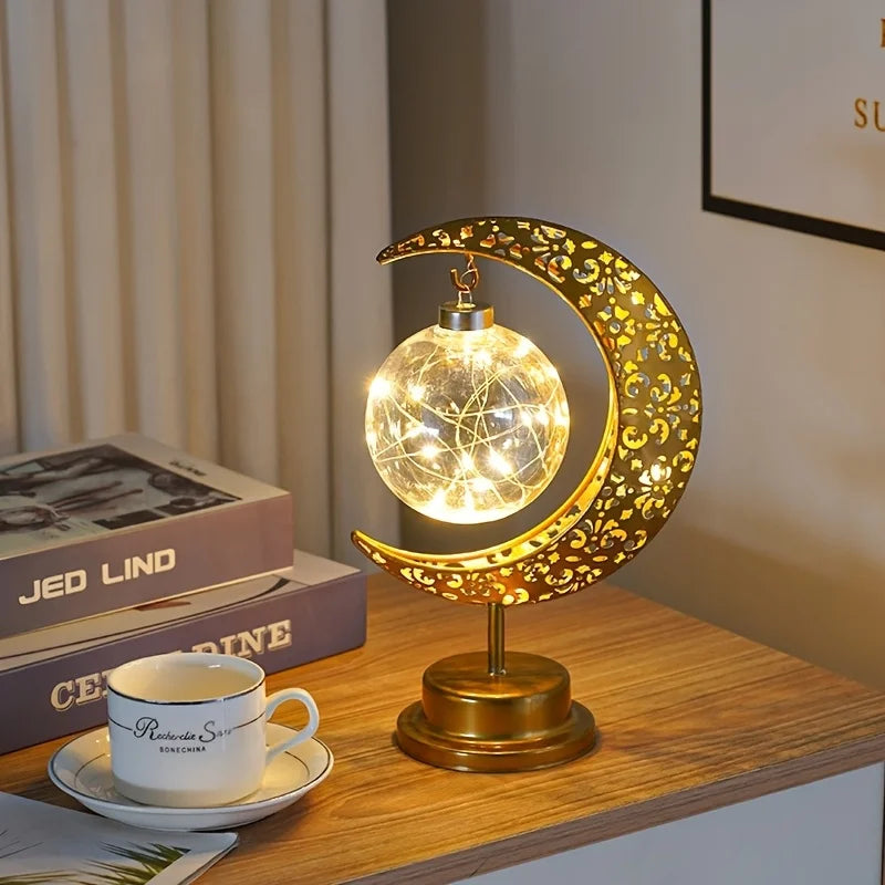 Muslim Festival LED Star Moon Lamp - Ramadan Hollow Iron Design, Battery Operated (Battery Not Included) for Table Desk Outdoor Vue