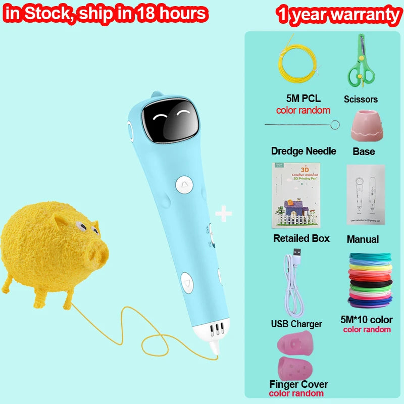 3D Printing Pen Low Temperature Built-in Battery Voice Broadcast 1.75mm PCL Filament 3D Pen Drawing DIY For Kids Grils Boys Gift Vue add 50M PCL PCL Filagment