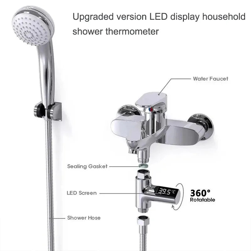LED Display Household Water Shower Thermometer 5-85℃ Flow Self-powered Water Thermometer Monitoring Care Energy Smart Meter Vue
