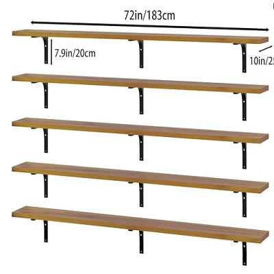 5-Tier Solid Wood Floating Shelves with Metal Brackets – 72 In Floating Wall Shelves Vue