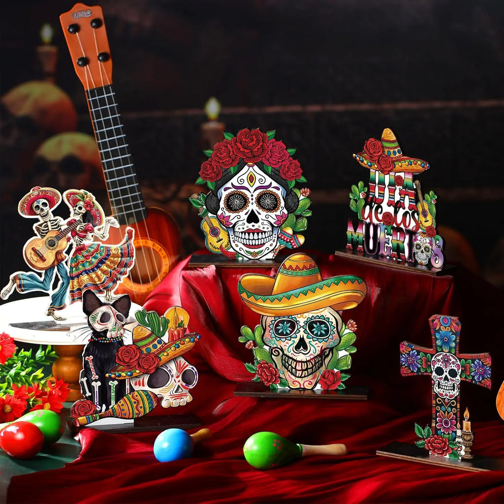 1-10PCS Day of The Dead Wooden Skull Display Tray for Mexican Carnival Halloween Party Fiesta Table Centerpiece Home Decor Vue