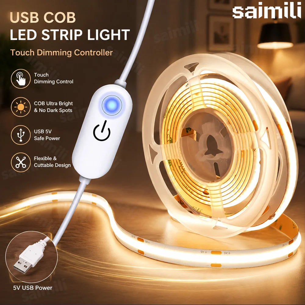 5V USB COB LED Strip Touch Control Dimmer Flexible Linear Self Adhesive Tape Lamp For Cabinet Wardrobe Mirror Backlight Lighting Vue