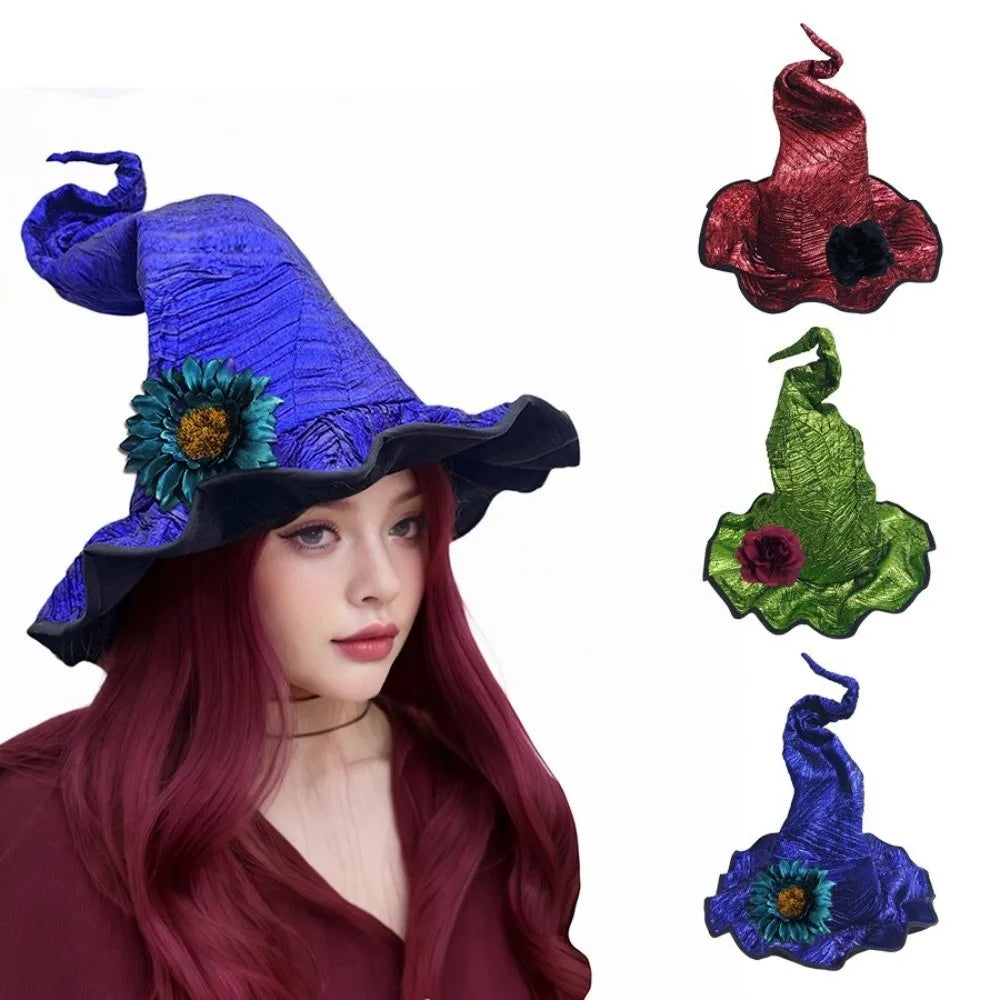 Floral Halloween Witch Hat Twisted Adjustable Cosplay Accessories Tall Pointed Cone Top Gothic Wizard Cap Halloween Party Vue