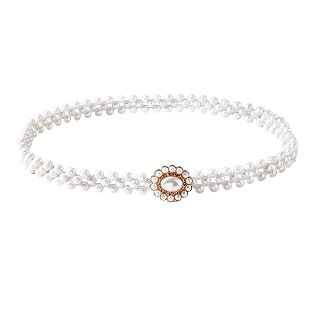 Pearl Beads Waist Chain Stretch Elastic Band Thin Narrow Waistband Vue J