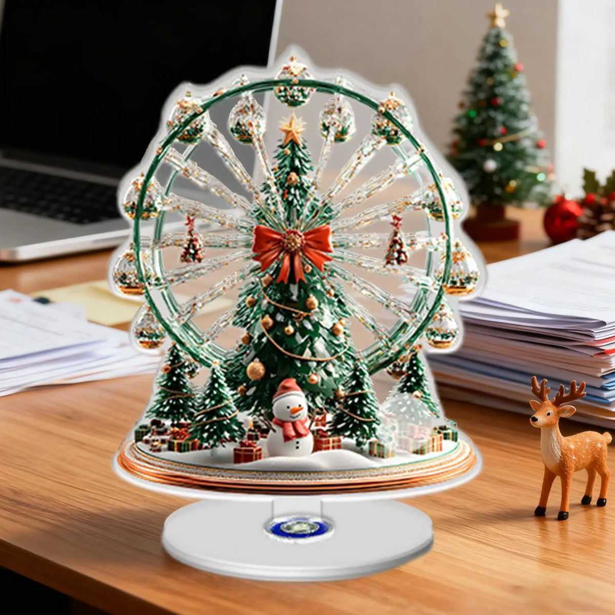 Rotating Christmas Ferris Wheel with Tree Design - Holiday Table Decor for Tiered Tray, Fireplace Mantel, Wedding, New Year Gift Vue