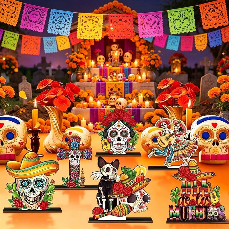 1-10PCS Day of The Dead Wooden Skull Display Tray for Mexican Carnival Halloween Party Fiesta Table Centerpiece Home Decor Vue