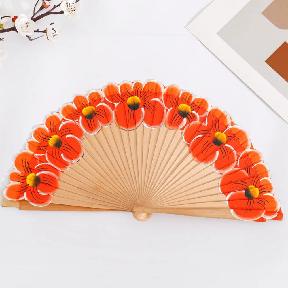 Wooden Folding Fan Hand-Painted Pattern Handmade Cheongsam Dance Fan Chinese Style Classic Handheld Fan Photography Prop Vue Orange