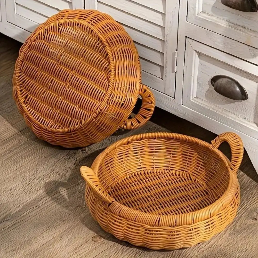 Large Capacity Imitation Rattan Storage Basket Plastic Decorative Round Rattan Storage Tray Handmade with Handle Vue