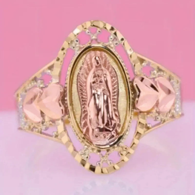 Our Lady of Guadalupe Ring – Pink Enamel Virgin Mary Statement Religious Statement Ring Vue