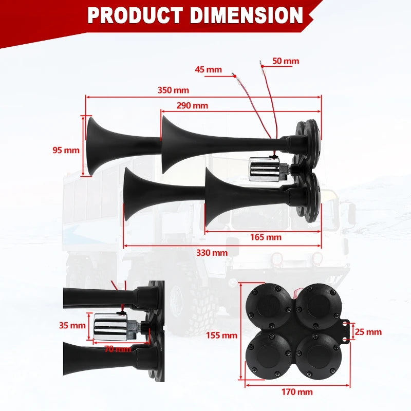 12V 24V 150dB Universal 4-Trumpet Air Horn Loud Sound Horn Black Claxon Horns for Car, Truck, Boat , Motorcycle Vue