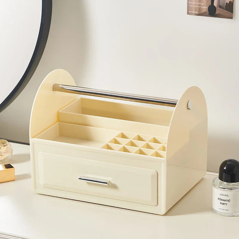 Large Capacity Desktop Cosmetic Organizer Multi-Functional Makeup Brushes Lipstick Storage with Detachable Partition and Handle Vue Cream White