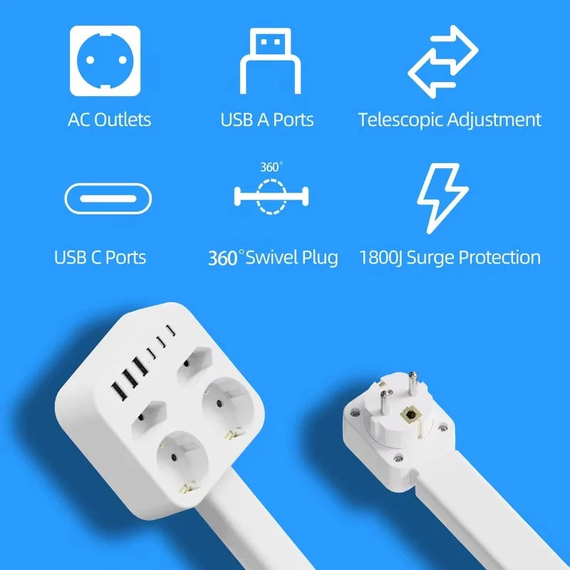 Power Outlet Extender Power Socket Expander 2xAC Sockets 1xUSB A 1xUSB C Plug and Play 180 Degree Rotatable Versatile for Sofa Vue