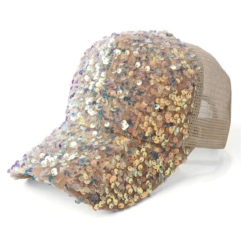 Fashion Breathable Shiny Sequin Baseball Cap Mesh Casual Women Sun Vue Gold