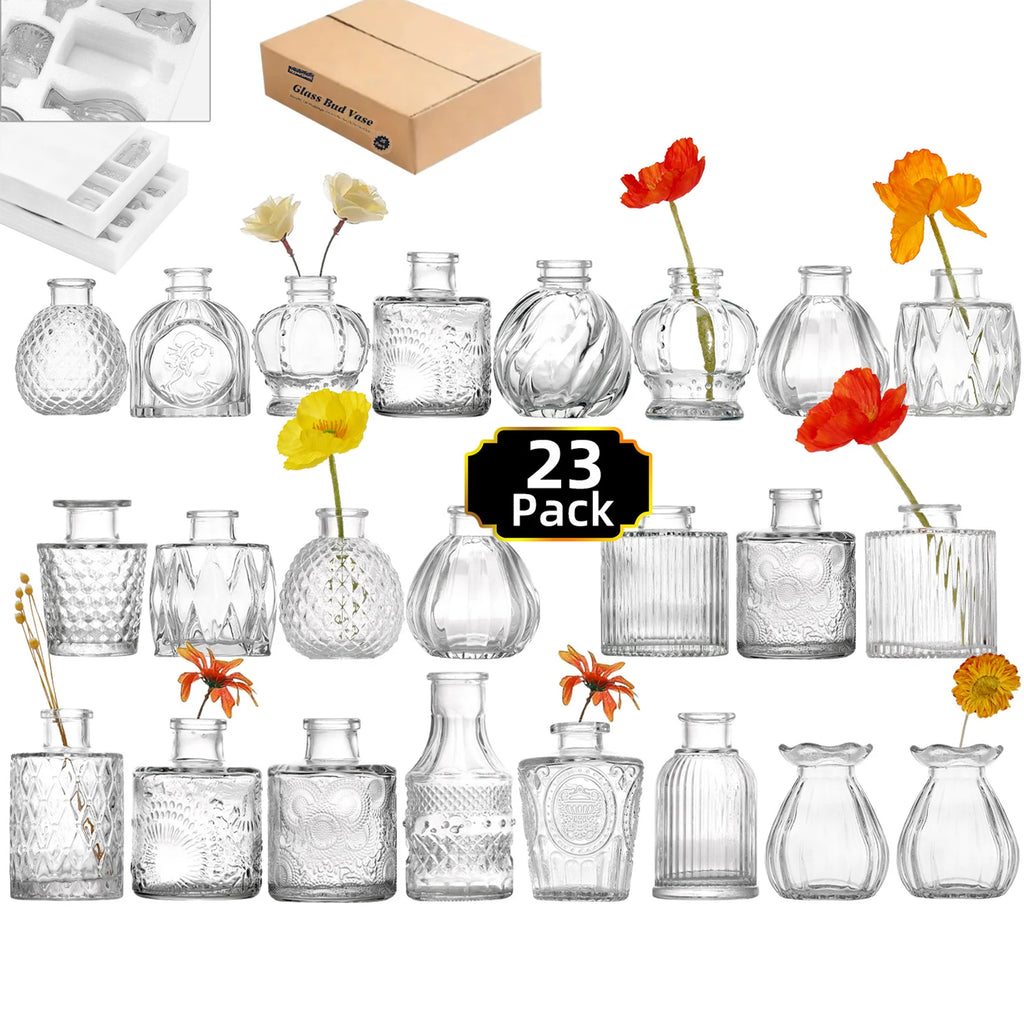 40PCS French Retro Relief Mini Glass Vase Simple Desktop Decor Bottle Transparent Striped Flower Vases Home Office Decoration Vue