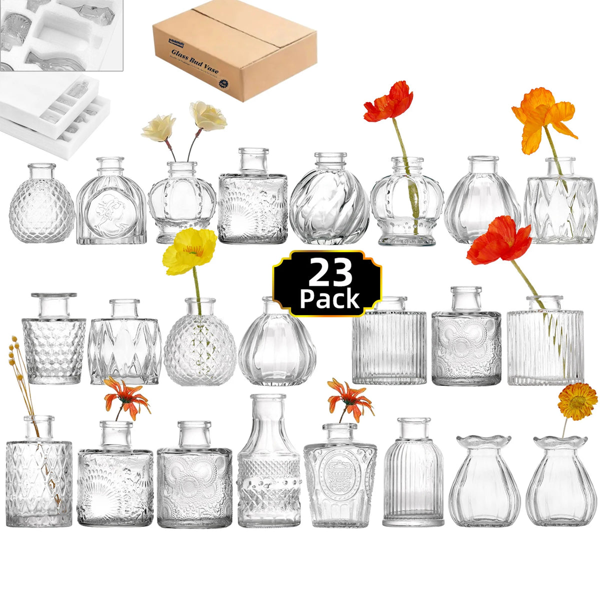 40PCS French Retro Relief Mini Glass Vase Simple Desktop Decor Bottle Transparent Striped Flower Vases Home Office Decoration Vue