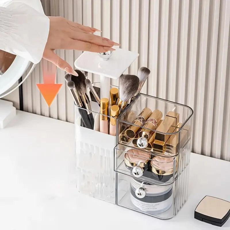 Automatic Lifting Makeup Brush Organizer with Multiple Compartments for Brush Large Capacity Lift-Top Drawer Cosmetic Organizer Vue