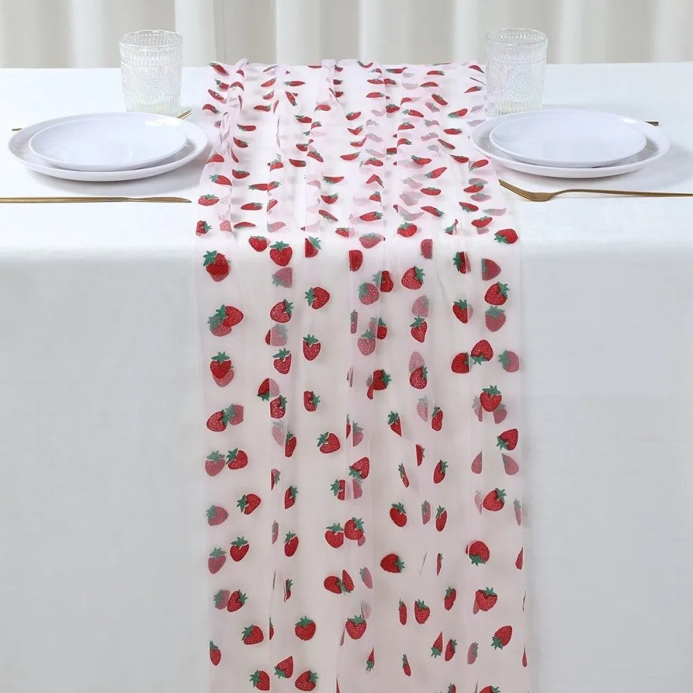 Tulle Fabric Strawberry Mesh Table Runner Polyester Sweet Glitter Gauze Tablecloth Princess Style Long Table Runner Wedding Vue