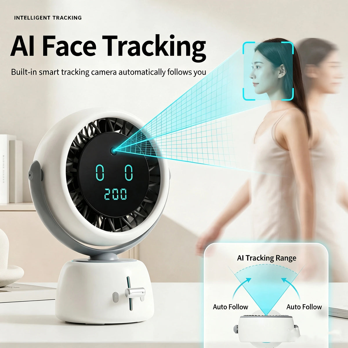 AI Face Tracking Mini Fan Smart Digital Display Portable Personal Cooling Fan for Outdoor Travel Vue