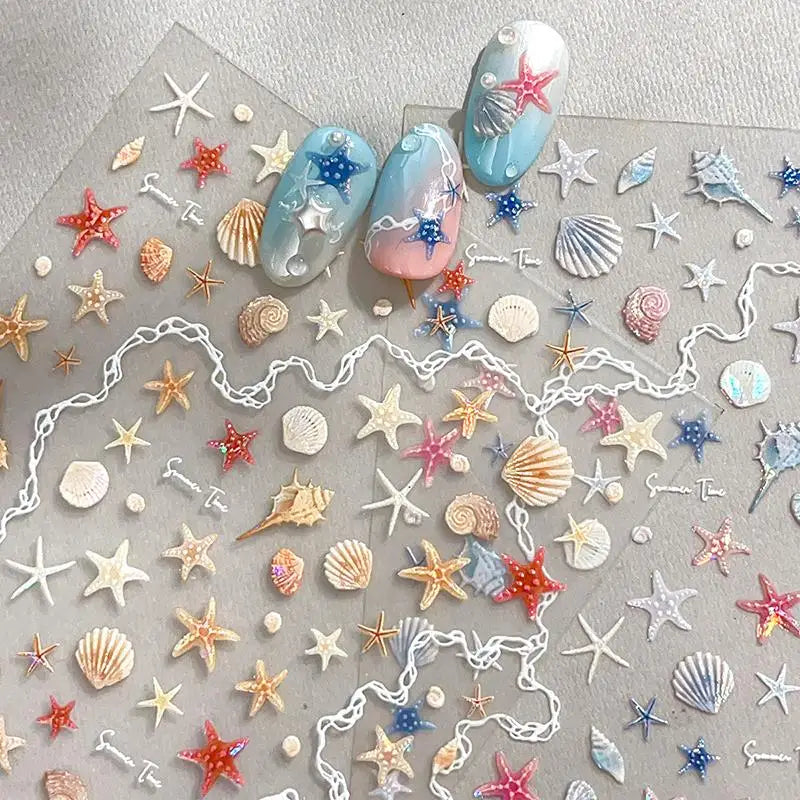 1 Sheet 5D Summer Seashell Nail Sticker Shiny Embossed Starfish Nails Stickers Summer Beach Sea Conch Nail Decals Decoration Vue