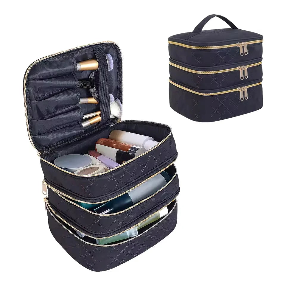 3-Layer Large Capacity Quilted Makeup Bag Organizer with Handles - Suitable for Travel and Home Organizer Tools Case Vue