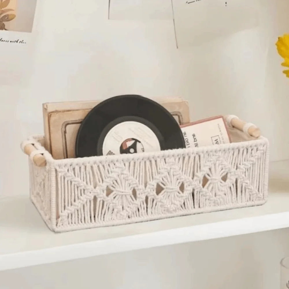 Cotton Rope Hand Woven Storage Box Decorative with Handle Macrame Organizer Box Warm White Handmade Toilet Paper Shelf Basket Vue