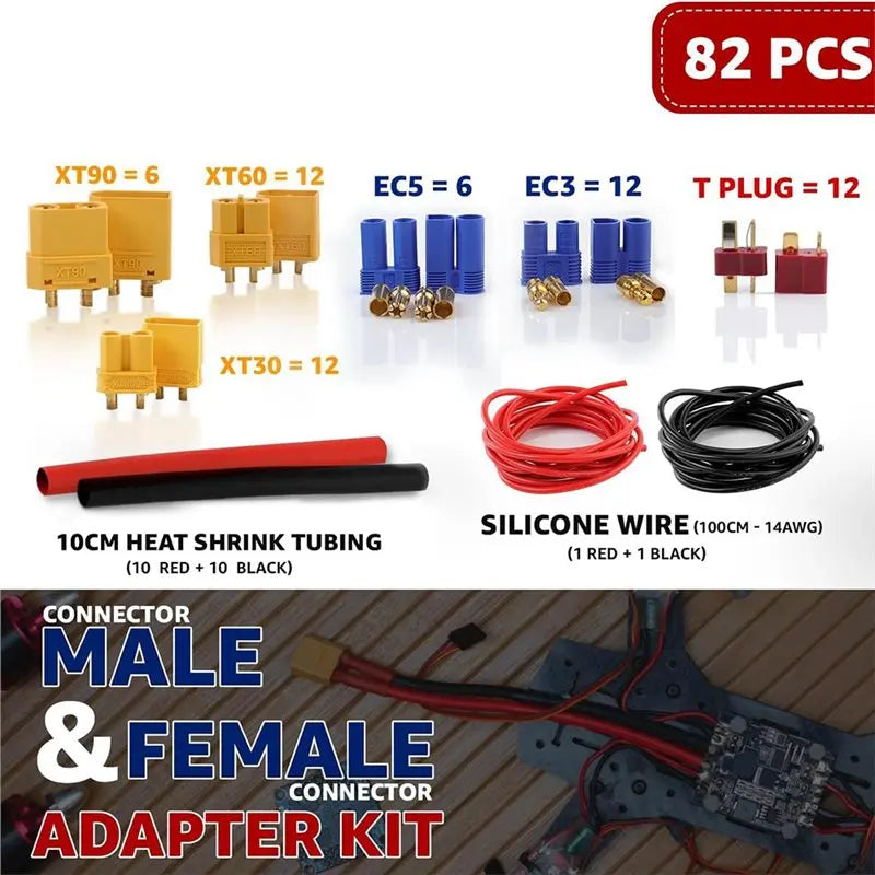 Hot-82Pcs T-Plug XT90/XT30/XT60/ EC5/EC3 Male & Female Plug Adapter Vue