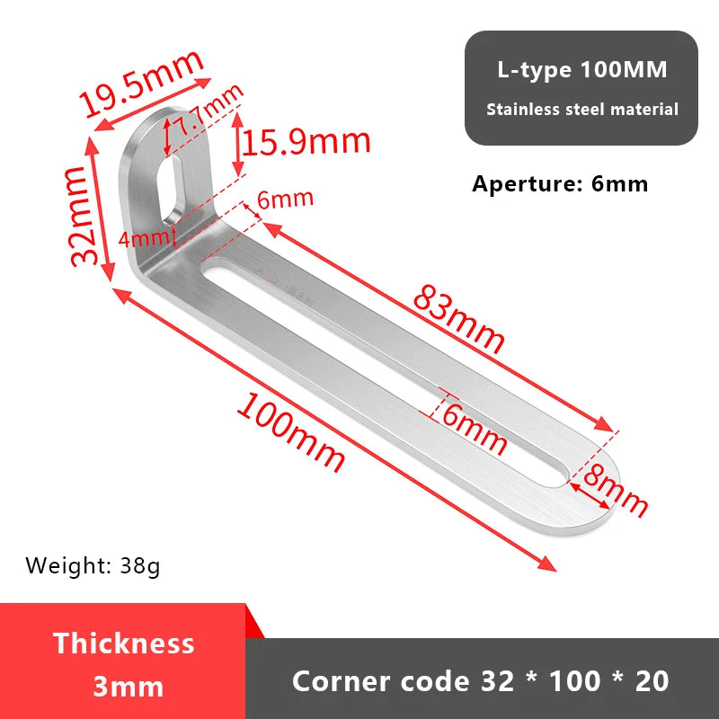 1PCS L-shaped Stainless Steel Adjustable Angle Code Long Hole Activity 90 ° Right Angle Furniture Fixer Shelf Bracket Connector Vue 7 Silver