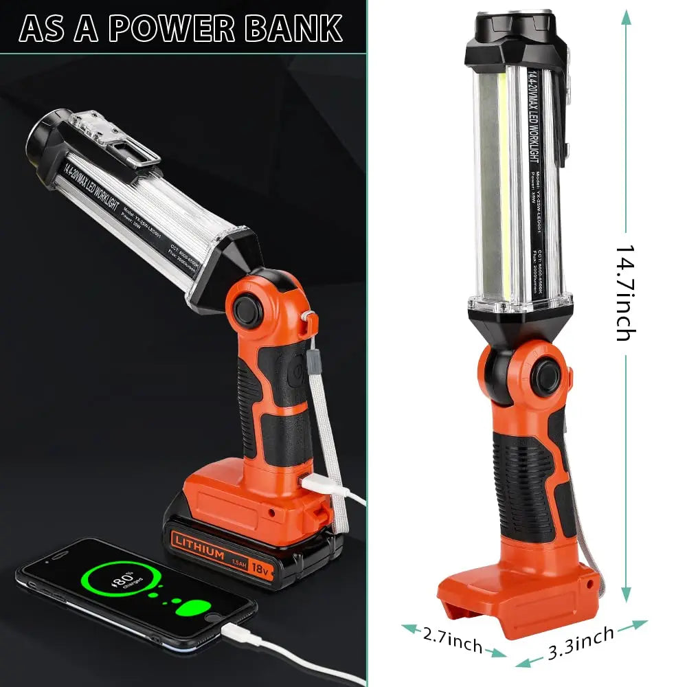 Rechargeable Battery LED Work Light Outdoor Flashlight Portable Camping Light for Black & Decker 20V Li-Ion Battery with Hook Vue