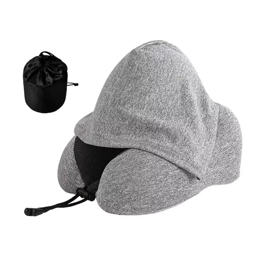 Removable Travel Neck Pillow Washable Cover with Storage Bag Hooded Pillow Adjustable Comfortable U-shaped Pillow with Cap Vue Grey