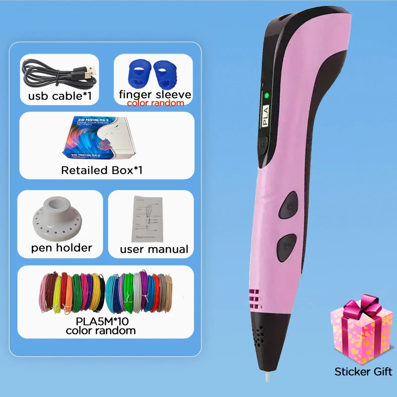 3D Pen Kids 40 Colors PLA Filaments 3D Priting Pen Children DIY Drawing Pens Type C Port Boys Girls Birthday Gifts Vue with 50M PLA USB version