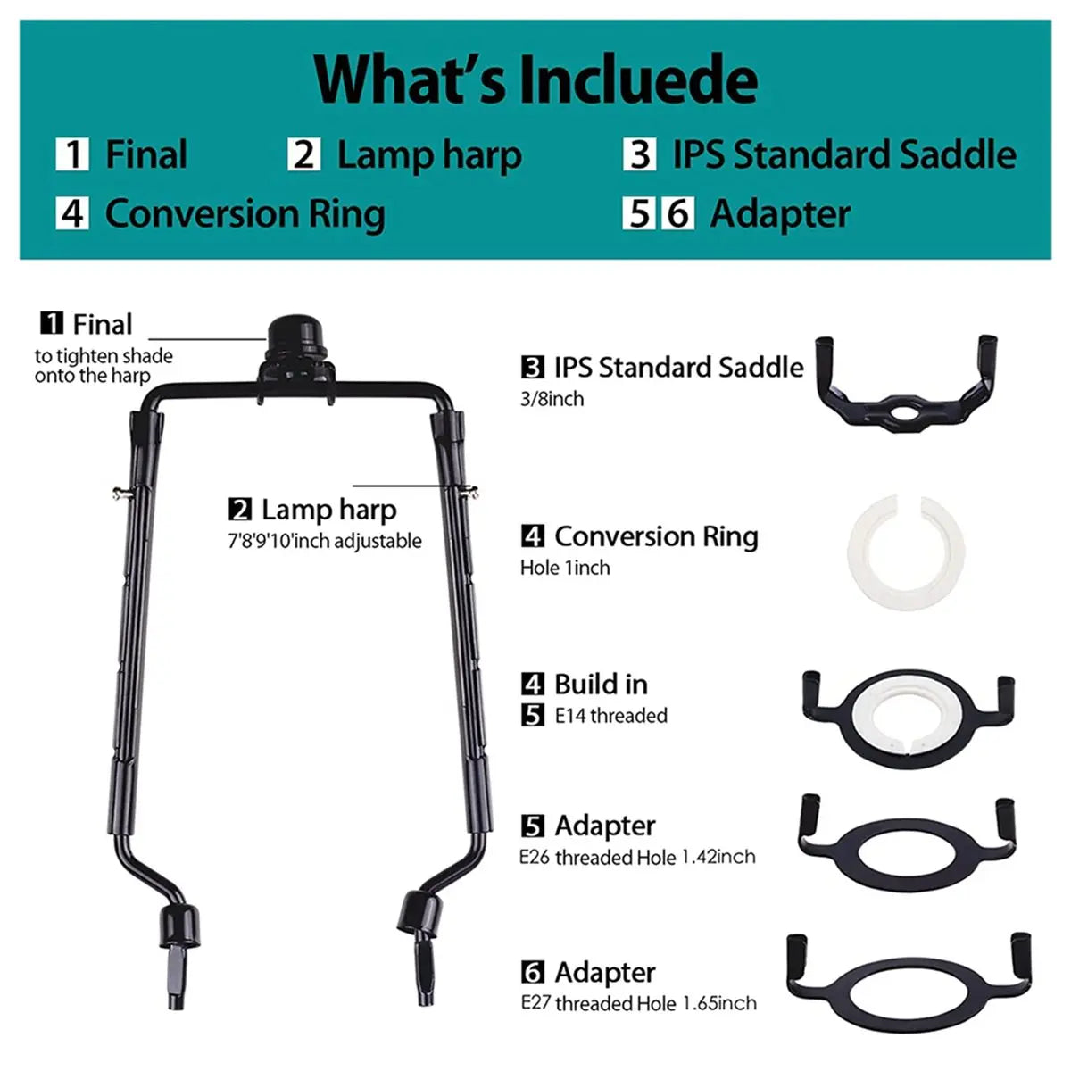 ABKW-3Pcs 7Inch Lamp Shade Harp Holder Adjustable Lamp Harp Kit E14,E26,E27 Light Base Adapter Black Horn Frame Vue