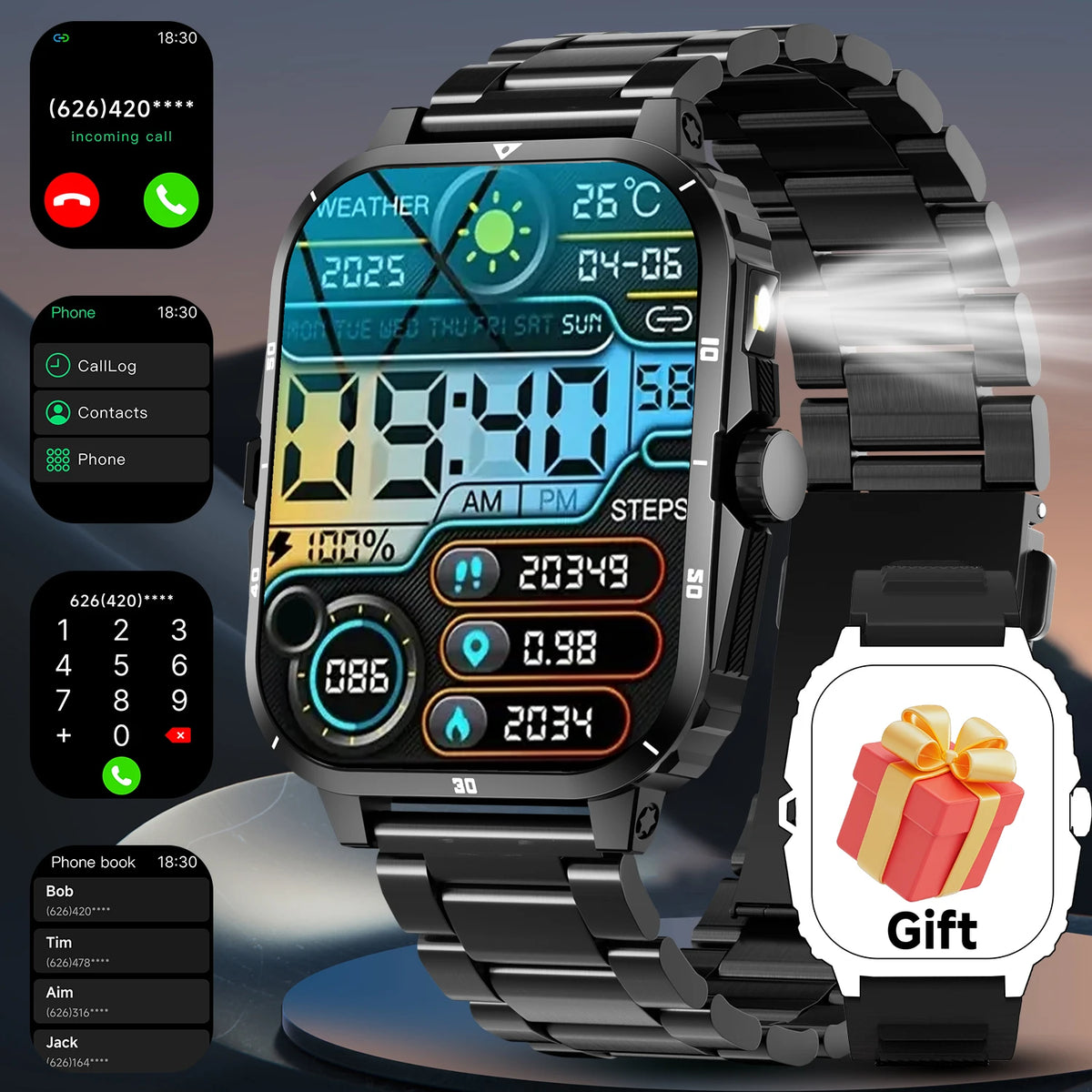 2025 Men Outdoor Sports Smart Watch 2.01''Screen Voice Assistant Blood Oxygen Bluetooth Call Multi Sports Modes Smartwatch Women Vue Steel Black Fashion Sport Watch