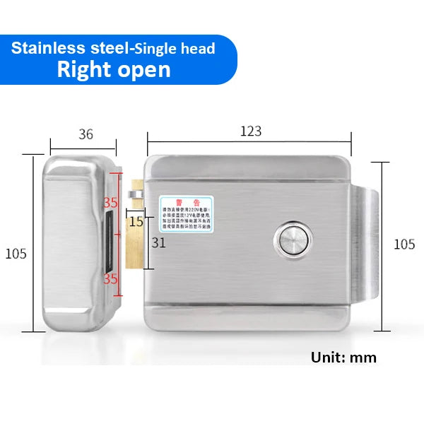 DC12V Stainless Steel Electronic Control Lock Electric Gate Door Lock Eletric Rim Lock Support Video Doorphone Intercom System Vue Single -Right open