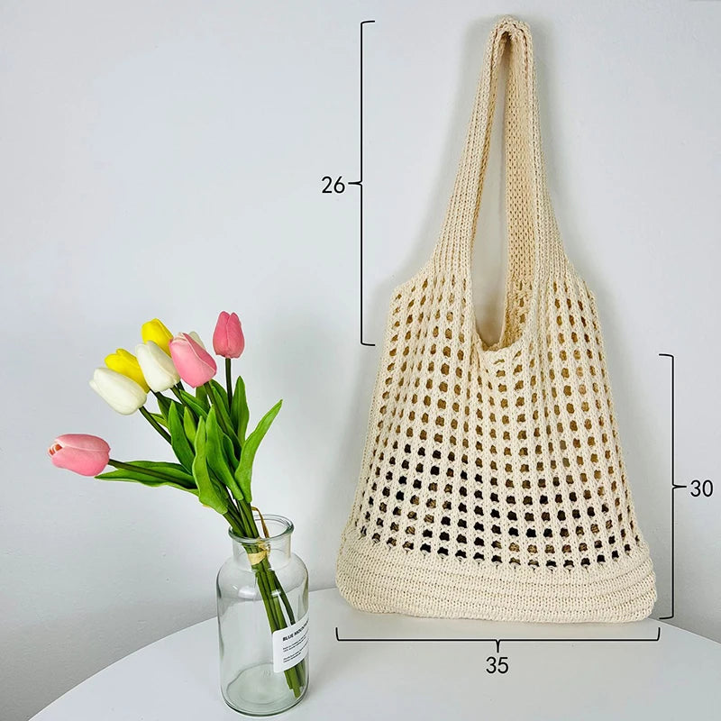 Vintage Hollow Design Woven Women Shoulder Bag Knitting Large Vue